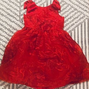 Bright Red Lace Christmas Holiday Dress w Grosgrain Bow on the Shoulders